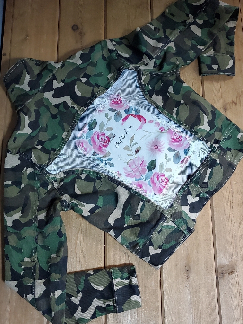 Upcycled Camo Jacket with Floral Patch GOD IS LOVE